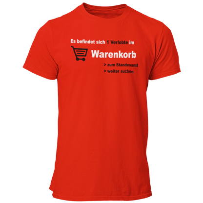 JGA-T-Shirt „Verlobte im Warenkorb“ in blau und schwarz mit einem modernen, zweifarbigen Design. Ideal für Junggesellenabschiede und auch für die Braut erhältlich. Das Design spielt humorvoll auf die Online-Partnersuche an und stammt von einem Paar, das sich online kennengelernt hat.