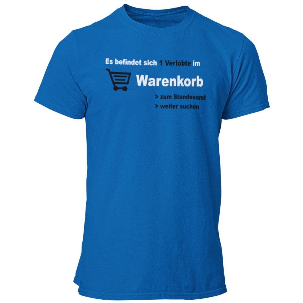 JGA-T-Shirt „Verlobte im Warenkorb“ in blau und schwarz mit einem modernen, zweifarbigen Design. Ideal für Junggesellenabschiede und auch für die Braut erhältlich. Das Design spielt humorvoll auf die Online-Partnersuche an und stammt von einem Paar, das sich online kennengelernt hat.