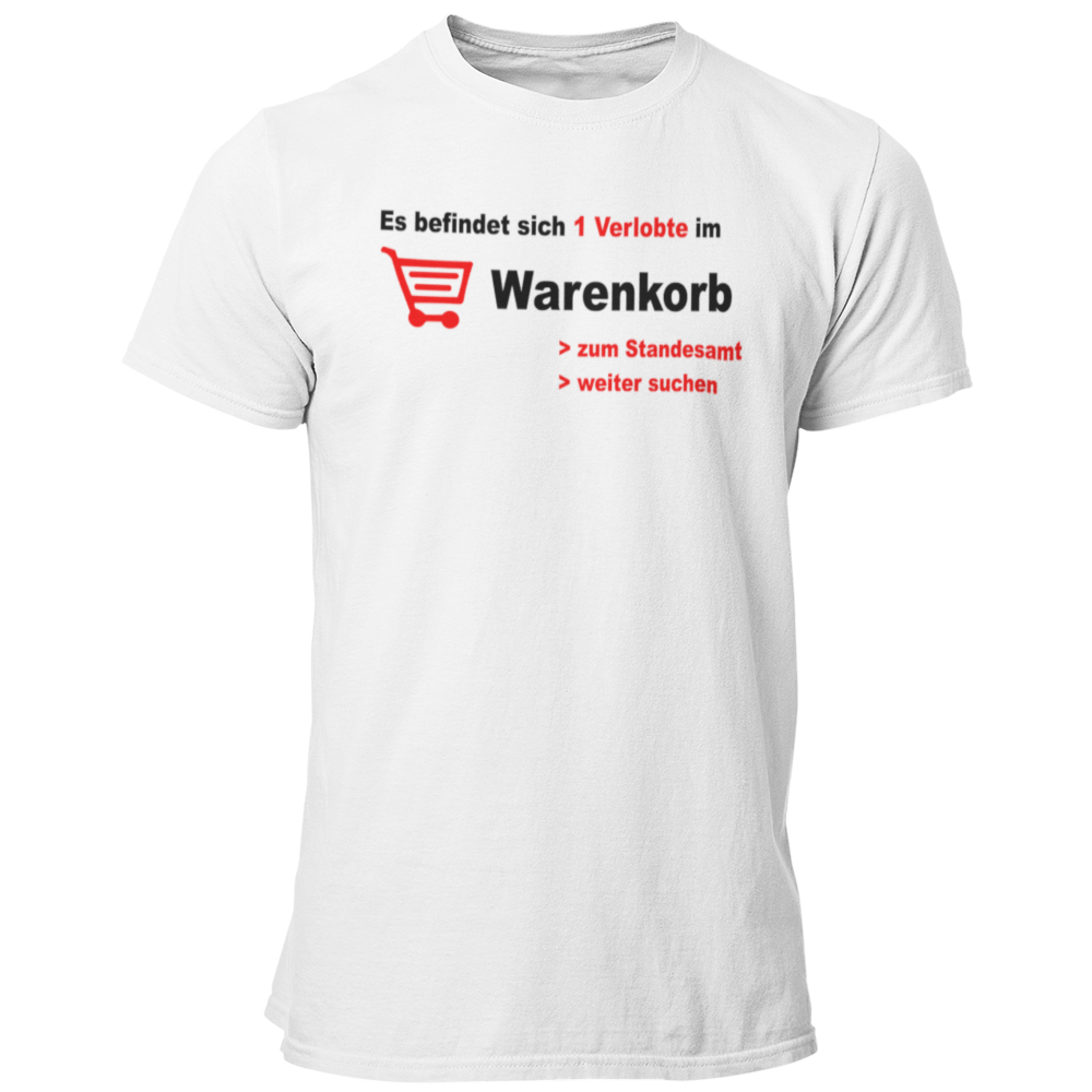 JGA-T-Shirt „Verlobte im Warenkorb“ in blau und schwarz mit einem modernen, zweifarbigen Design. Ideal für Junggesellenabschiede und auch für die Braut erhältlich. Das Design spielt humorvoll auf die Online-Partnersuche an und stammt von einem Paar, das sich online kennengelernt hat.