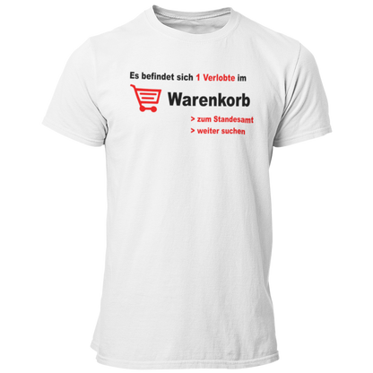 JGA-T-Shirt „Verlobte im Warenkorb“ in blau und schwarz mit einem modernen, zweifarbigen Design. Ideal für Junggesellenabschiede und auch für die Braut erhältlich. Das Design spielt humorvoll auf die Online-Partnersuche an und stammt von einem Paar, das sich online kennengelernt hat.