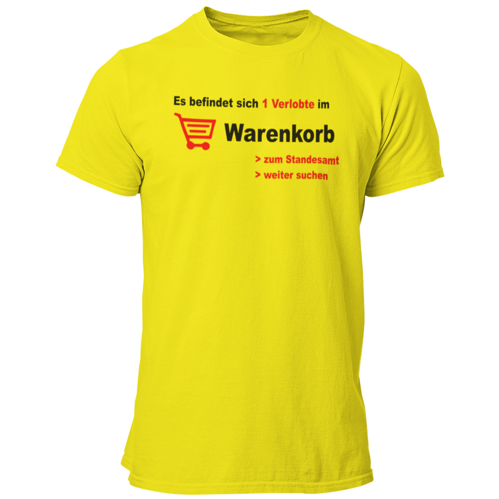 JGA-T-Shirt „Verlobte im Warenkorb“ in blau und schwarz mit einem modernen, zweifarbigen Design. Ideal für Junggesellenabschiede und auch für die Braut erhältlich. Das Design spielt humorvoll auf die Online-Partnersuche an und stammt von einem Paar, das sich online kennengelernt hat.