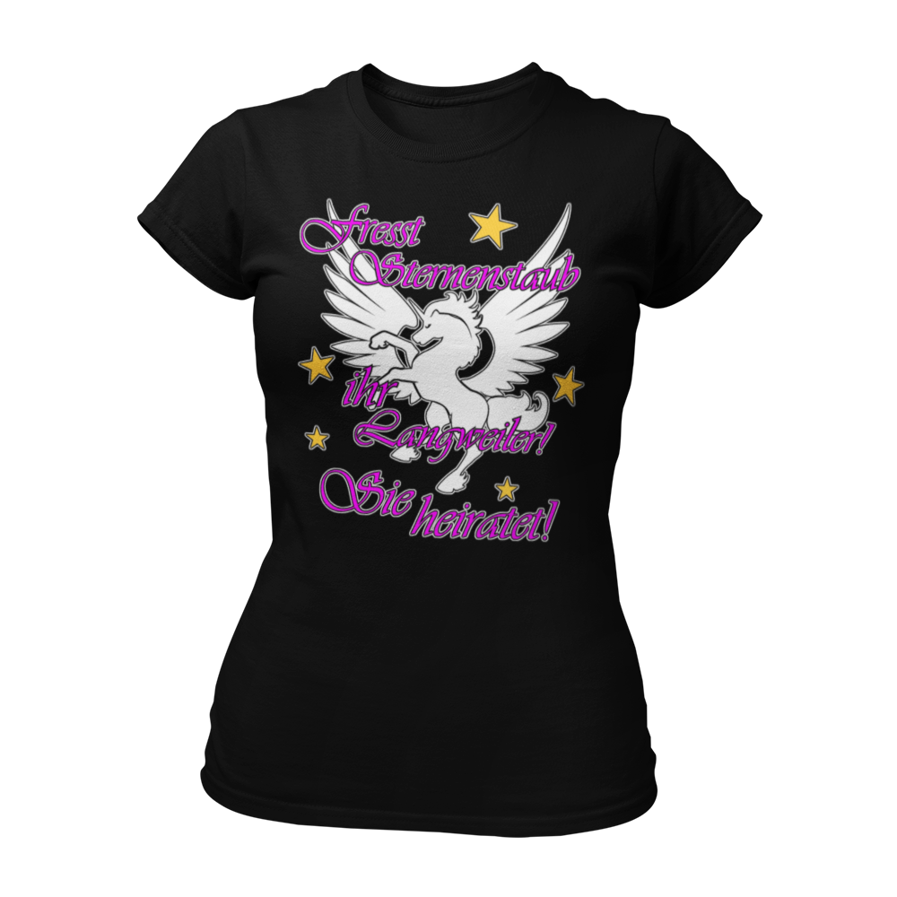 Damen T-Shirt "Einhorn – Sie heiratet" für die Freundinnen der Braut, mit tailliertem Schnitt und großem pinkem Schriftzug. Das edel gestaltete Design mit einem Einhorn-Print bringt Glanz und Stil in den Junggesellinnenabschied und rückt die Braut in den Mittelpunkt. Perfekt für alle, die Feenstaub und magische Momente lieben!