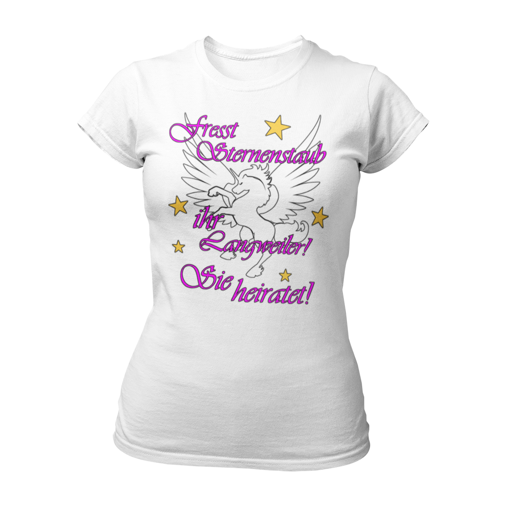 Damen T-Shirt "Einhorn – Sie heiratet" für die Freundinnen der Braut, mit tailliertem Schnitt und großem pinkem Schriftzug. Das edel gestaltete Design mit einem Einhorn-Print bringt Glanz und Stil in den Junggesellinnenabschied und rückt die Braut in den Mittelpunkt. Perfekt für alle, die Feenstaub und magische Momente lieben!