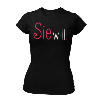 Damen T-Shirt "Sie will." mit einem schlichten, zweifarbigen Schriftzug, der die Aufschrift „Sie will.“ trägt. Perfekt für den Junggesellinnenabschied, ob bei einer Bridal Shower, im Wellnessbereich oder auf einer Kneipentour. Das Shirt hat einen femininen Schnitt und betont die festliche Stimmung des Anlasses.