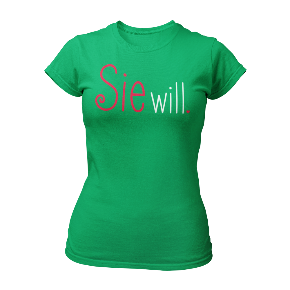 Damen T-Shirt "Sie will." mit einem schlichten, zweifarbigen Schriftzug, der die Aufschrift „Sie will.“ trägt. Perfekt für den Junggesellinnenabschied, ob bei einer Bridal Shower, im Wellnessbereich oder auf einer Kneipentour. Das Shirt hat einen femininen Schnitt und betont die festliche Stimmung des Anlasses.