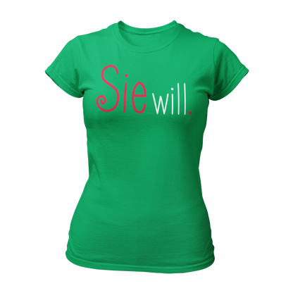 Damen T-Shirt "Sie will." mit einem schlichten, zweifarbigen Schriftzug, der die Aufschrift „Sie will.“ trägt. Perfekt für den Junggesellinnenabschied, ob bei einer Bridal Shower, im Wellnessbereich oder auf einer Kneipentour. Das Shirt hat einen femininen Schnitt und betont die festliche Stimmung des Anlasses.