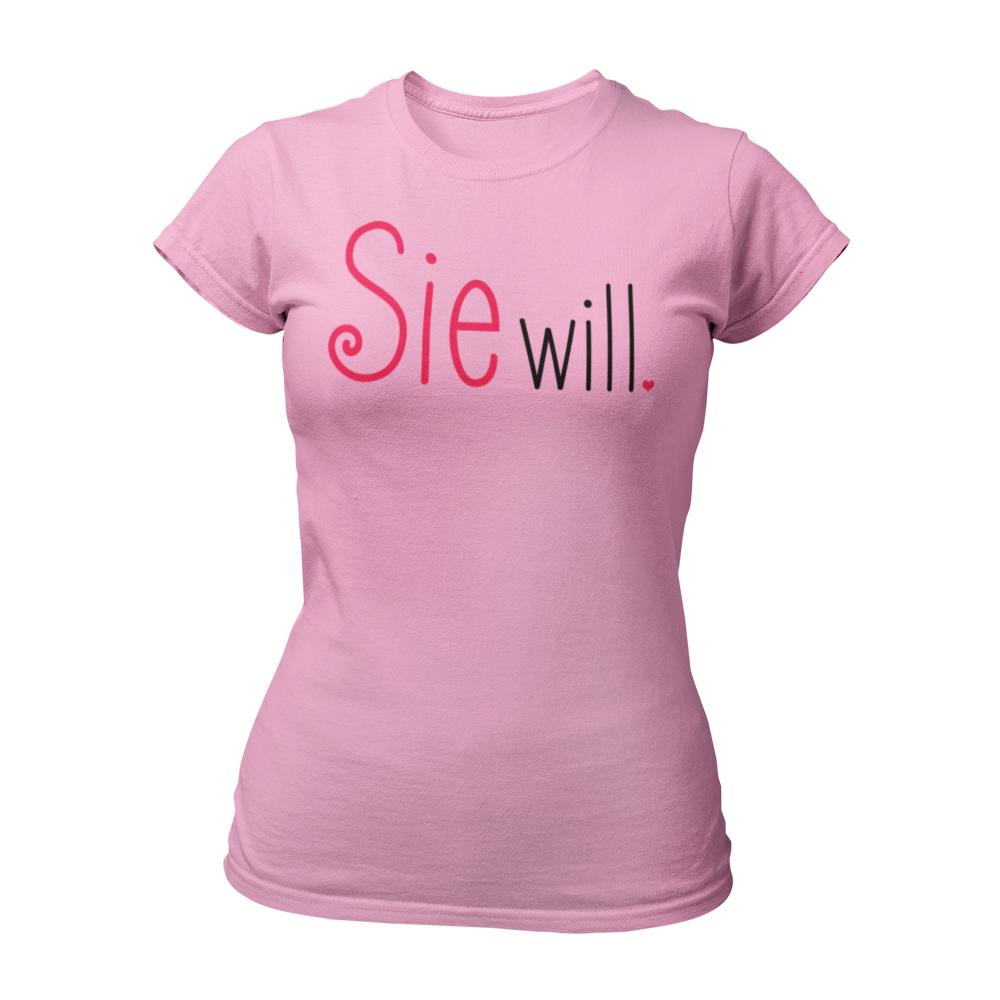 Damen T-Shirt "Sie will." mit einem schlichten, zweifarbigen Schriftzug, der die Aufschrift „Sie will.“ trägt. Perfekt für den Junggesellinnenabschied, ob bei einer Bridal Shower, im Wellnessbereich oder auf einer Kneipentour. Das Shirt hat einen femininen Schnitt und betont die festliche Stimmung des Anlasses.