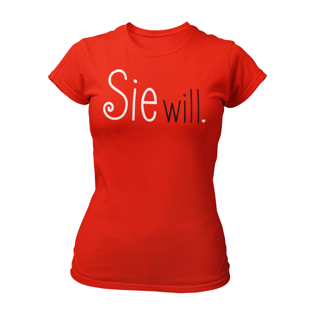 Damen T-Shirt "Sie will." mit einem schlichten, zweifarbigen Schriftzug, der die Aufschrift „Sie will.“ trägt. Perfekt für den Junggesellinnenabschied, ob bei einer Bridal Shower, im Wellnessbereich oder auf einer Kneipentour. Das Shirt hat einen femininen Schnitt und betont die festliche Stimmung des Anlasses.