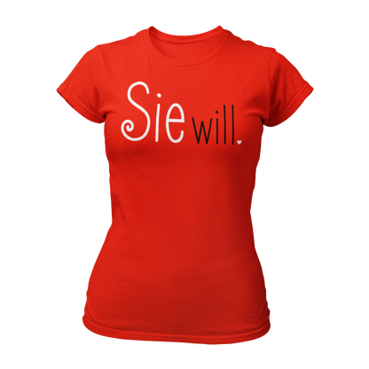 Damen T-Shirt "Sie will." mit einem schlichten, zweifarbigen Schriftzug, der die Aufschrift „Sie will.“ trägt. Perfekt für den Junggesellinnenabschied, ob bei einer Bridal Shower, im Wellnessbereich oder auf einer Kneipentour. Das Shirt hat einen femininen Schnitt und betont die festliche Stimmung des Anlasses.