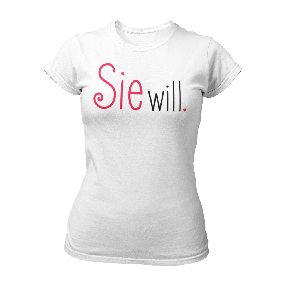 Damen T-Shirt "Sie will." mit einem schlichten, zweifarbigen Schriftzug, der die Aufschrift „Sie will.“ trägt. Perfekt für den Junggesellinnenabschied, ob bei einer Bridal Shower, im Wellnessbereich oder auf einer Kneipentour. Das Shirt hat einen femininen Schnitt und betont die festliche Stimmung des Anlasses.