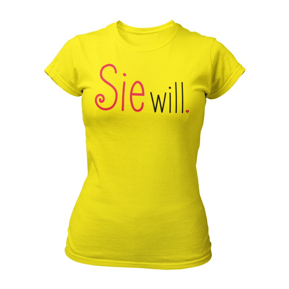 Damen T-Shirt "Sie will." mit einem schlichten, zweifarbigen Schriftzug, der die Aufschrift „Sie will.“ trägt. Perfekt für den Junggesellinnenabschied, ob bei einer Bridal Shower, im Wellnessbereich oder auf einer Kneipentour. Das Shirt hat einen femininen Schnitt und betont die festliche Stimmung des Anlasses.