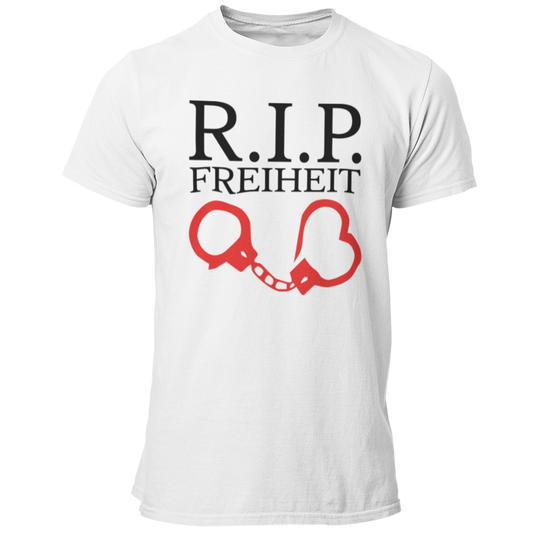 Das JGA T-Shirt „R.I.P Freiheit“ ist das perfekte Outfit für den Junggesellenabschied, denn es symbolisiert das Ende der ungebundenen Freiheit mit einem humorvollen Twist. Mit einem auffälligen, zweifarbigen Druck in Rot und Schwarz, der Handschellen und ein Herz zeigt, bringt es Spaß und Stil in die Feierlichkeiten. Dank der modischen Passform und der hochwertigen Verarbeitung wird dieses Shirt nicht nur während des JGA gerne getragen, sondern erinnert auch lange an die unvergesslichen Nächte mit Freunden!