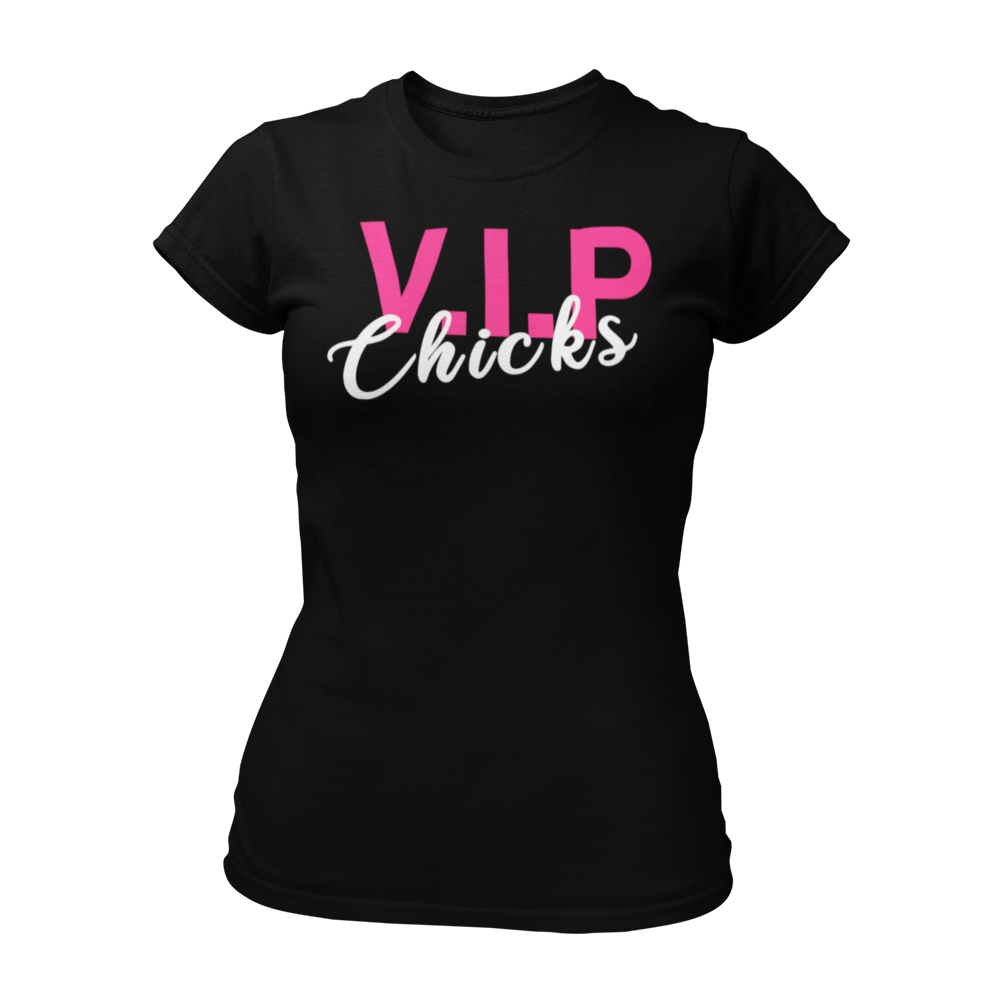 Stylisches JGA T-Shirt mit der Aufschrift 'VIP Chicks', ideal für die Freundinnen der Braut. Dieses Shirt dient als tolles Accessoire für die Brautjungfern und betont die Zusammengehörigkeit der Gruppe. Ausgefallenes Design für einen unvergesslichen Junggesellinnenabschied.