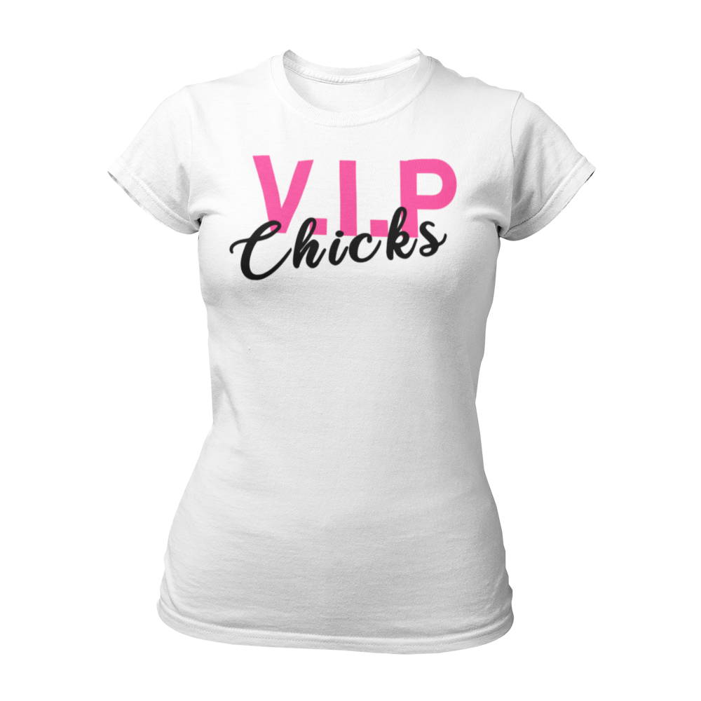 Stylisches JGA T-Shirt mit der Aufschrift 'VIP Chicks', ideal für die Freundinnen der Braut. Dieses Shirt dient als tolles Accessoire für die Brautjungfern und betont die Zusammengehörigkeit der Gruppe. Ausgefallenes Design für einen unvergesslichen Junggesellinnenabschied.