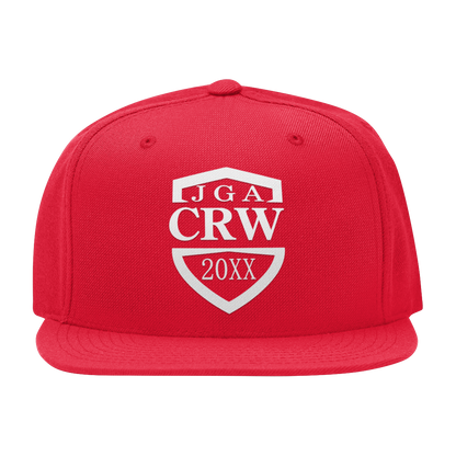 Hochwertige Snap Back Cap mit "JGA CRW"-Aufdruck und aktueller Jahreszahl, ideal für Junggesellenabschiede und als Andenken.