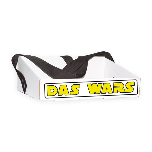 Bauchladen „DAS WARS“ für den Junggesellenabschied, stabil aus verstärktem Wellpappenkarton, mit auffälligem quietschgelbem Motiv, ergonomisch mit extra breitem Gurt und individuell wählbarer Gurtfarbe, ideal für Verkaufstouren.