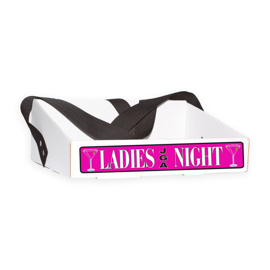 Bauchladen mit pinkem 'Ladies Night'-Motiv und stilvollem Schriftzug. Perfekt für die Junggesellin, um Scherzartikel zu verkaufen und Spaß mit Freundinnen zu haben. Gurtbandfarbe frei wählbar.