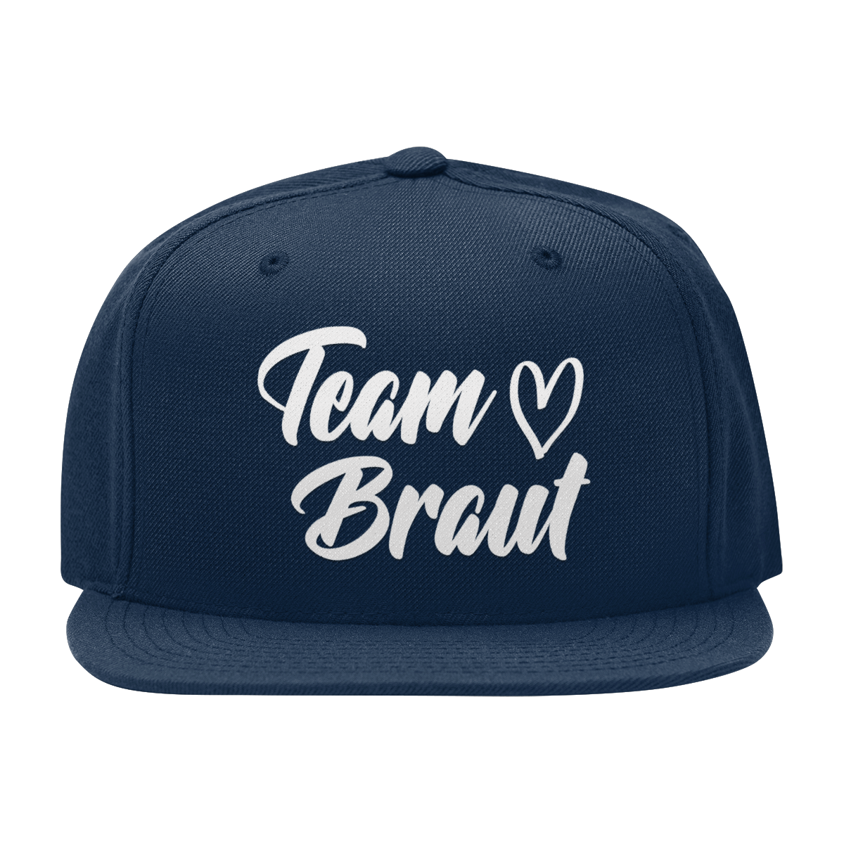 JGA Cap „Team Braut – Herzen“ mit flachem Schirm und vier gestickten Ösen. Die Kappe ist mit einer „Team Braut“ Aufschrift und Herzmotiven auf der Vorderseite bedruckt. Der PVC-Verschluss auf der Rückseite ist größenverstellbar, was eine individuelle Anpassung ermöglicht. Diese Premium JGA-Kappe ist das perfekte Accessoire für die Begleiterinnen der Braut.