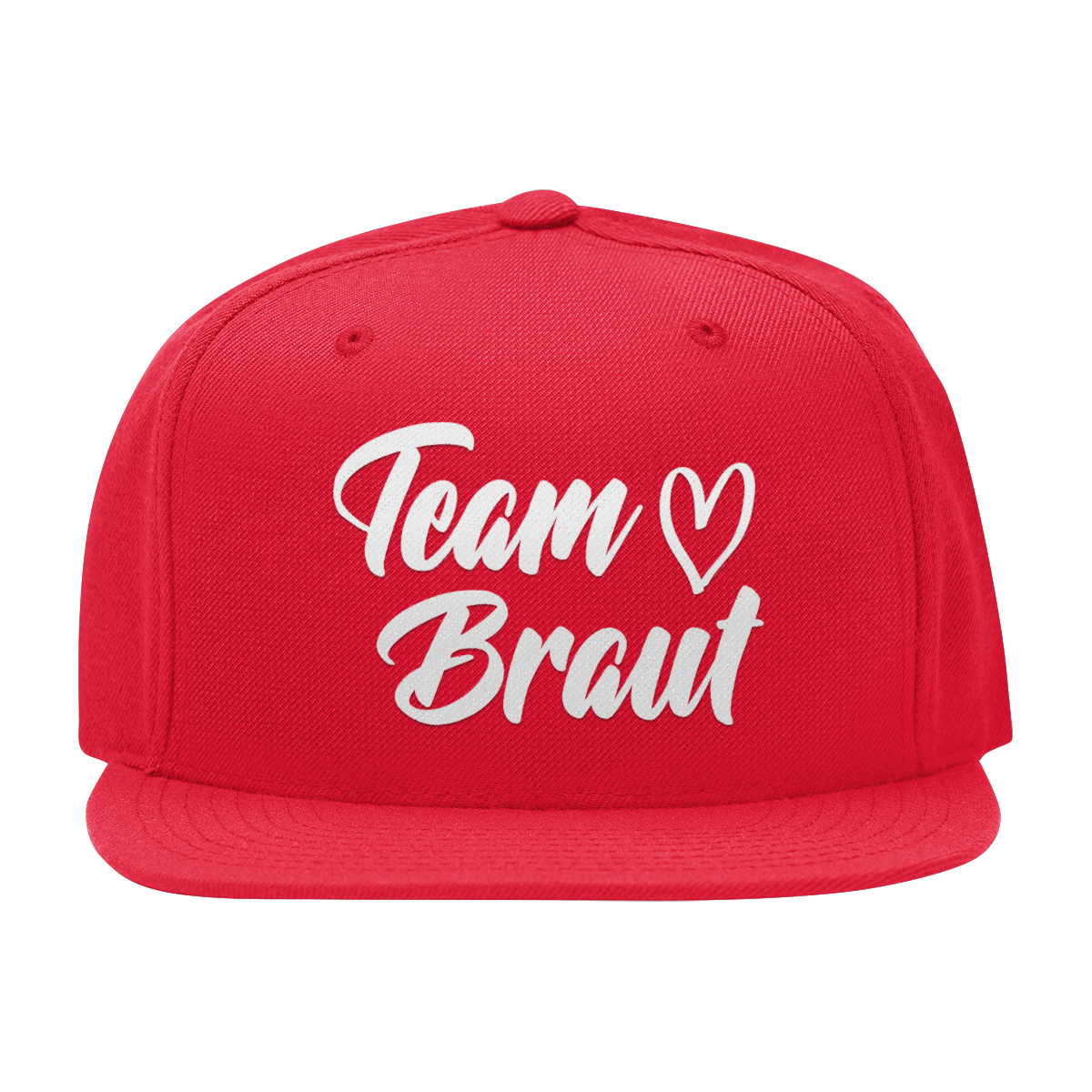 JGA Cap „Team Braut – Herzen“ mit flachem Schirm und vier gestickten Ösen. Die Kappe ist mit einer „Team Braut“ Aufschrift und Herzmotiven auf der Vorderseite bedruckt. Der PVC-Verschluss auf der Rückseite ist größenverstellbar, was eine individuelle Anpassung ermöglicht. Diese Premium JGA-Kappe ist das perfekte Accessoire für die Begleiterinnen der Braut.