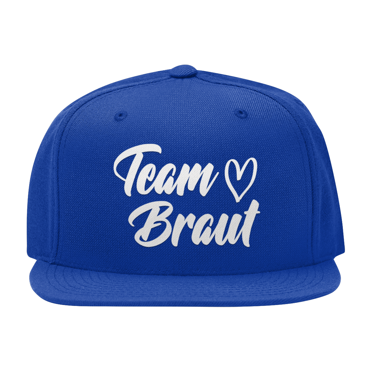 JGA Cap „Team Braut – Herzen“ mit flachem Schirm und vier gestickten Ösen. Die Kappe ist mit einer „Team Braut“ Aufschrift und Herzmotiven auf der Vorderseite bedruckt. Der PVC-Verschluss auf der Rückseite ist größenverstellbar, was eine individuelle Anpassung ermöglicht. Diese Premium JGA-Kappe ist das perfekte Accessoire für die Begleiterinnen der Braut.