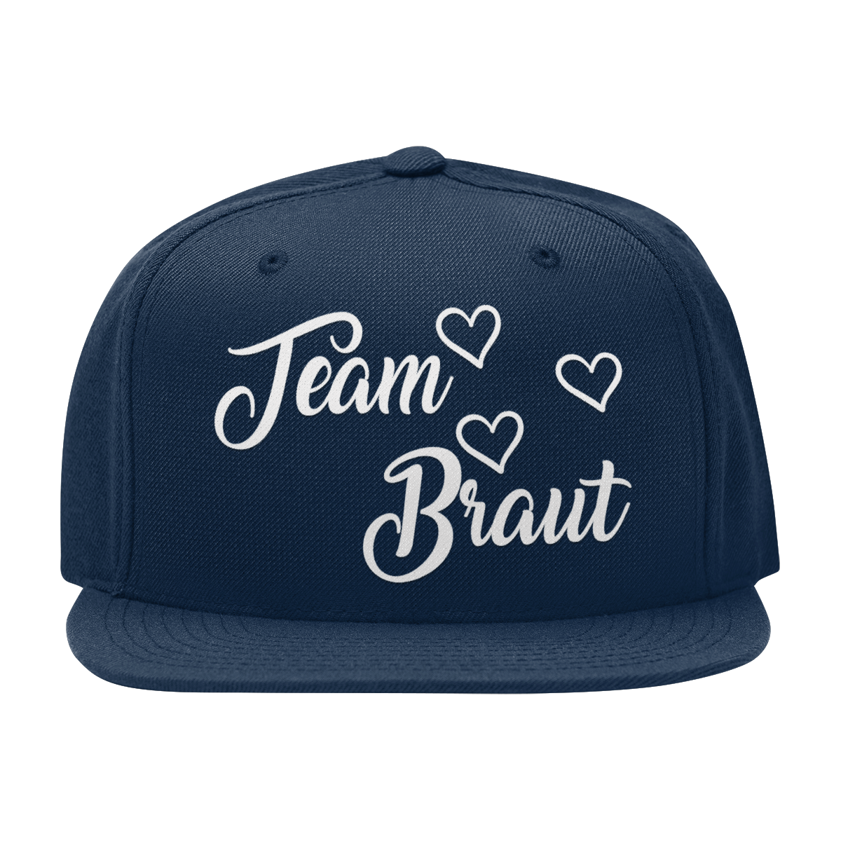 JGA Cap „Team Braut“ mit flachem Schirm und roten „Team Braut“ Schriftzug sowie Herzen auf der Vorderseite. Die Kappe hat vier gestickte Ösen für Belüftung und einen größenverstellbaren PVC-Verschluss auf der Rückseite.