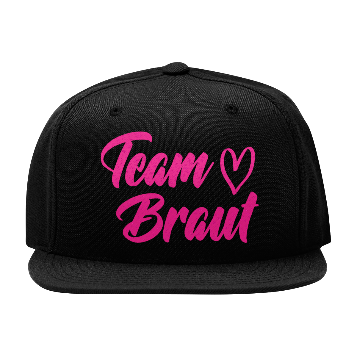 JGA Cap „Team Braut – Herzen“ mit flachem Schirm und vier gestickten Ösen. Die Kappe ist mit einer „Team Braut“ Aufschrift und Herzmotiven auf der Vorderseite bedruckt. Der PVC-Verschluss auf der Rückseite ist größenverstellbar, was eine individuelle Anpassung ermöglicht. Diese Premium JGA-Kappe ist das perfekte Accessoire für die Begleiterinnen der Braut.