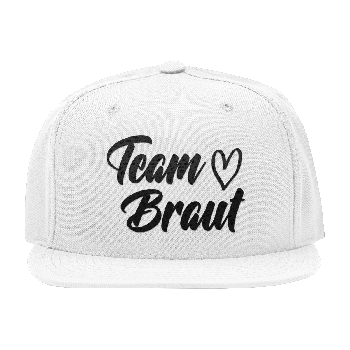 JGA Cap „Team Braut – Herzen“ mit flachem Schirm und vier gestickten Ösen. Die Kappe ist mit einer „Team Braut“ Aufschrift und Herzmotiven auf der Vorderseite bedruckt. Der PVC-Verschluss auf der Rückseite ist größenverstellbar, was eine individuelle Anpassung ermöglicht. Diese Premium JGA-Kappe ist das perfekte Accessoire für die Begleiterinnen der Braut.