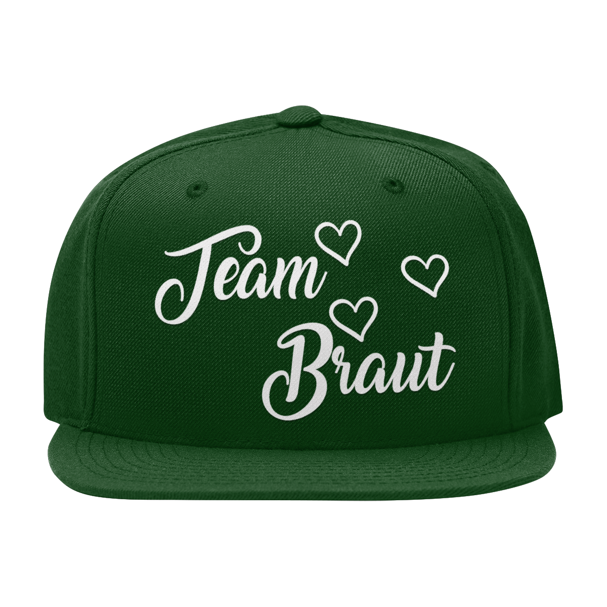 JGA Cap „Team Braut“ mit flachem Schirm und roten „Team Braut“ Schriftzug sowie Herzen auf der Vorderseite. Die Kappe hat vier gestickte Ösen für Belüftung und einen größenverstellbaren PVC-Verschluss auf der Rückseite.