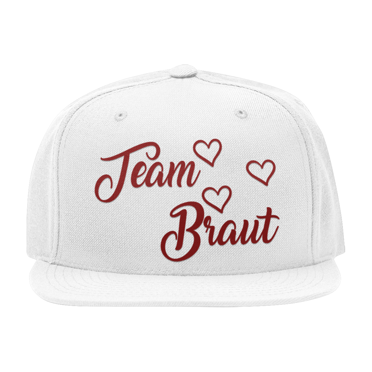 JGA Cap „Team Braut“ mit flachem Schirm und roten „Team Braut“ Schriftzug sowie Herzen auf der Vorderseite. Die Kappe hat vier gestickte Ösen für Belüftung und einen größenverstellbaren PVC-Verschluss auf der Rückseite.