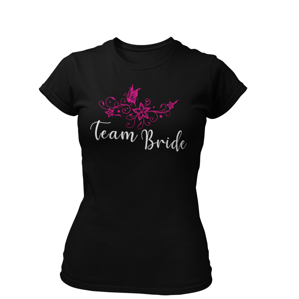 Damen T-Shirt "Team Bride Blumen" mit einem stilvollen Vintage-Design, das einen Blumenkranz zeigt. Ideal für die Trauzeugin und Freundinnen der Braut, um beim Junggesellinnenabschied zusammenzuleuchten und ihre Zugehörigkeit zum Team Braut zu zeigen.