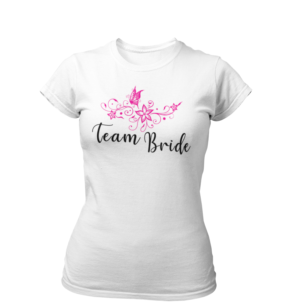 Damen T-Shirt "Team Bride Blumen" mit einem stilvollen Vintage-Design, das einen Blumenkranz zeigt. Ideal für die Trauzeugin und Freundinnen der Braut, um beim Junggesellinnenabschied zusammenzuleuchten und ihre Zugehörigkeit zum Team Braut zu zeigen.