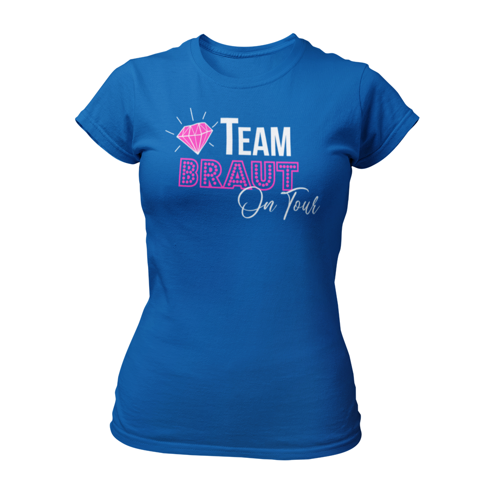 Damen T-Shirt "Team Braut on Tour" für den Junggesellinnenabschied. Das Shirt hat ein elegantes Design, das perfekt zur Hochzeit passt. Es gibt auch ein passendes Braut-Shirt für die gesamte Gruppe.