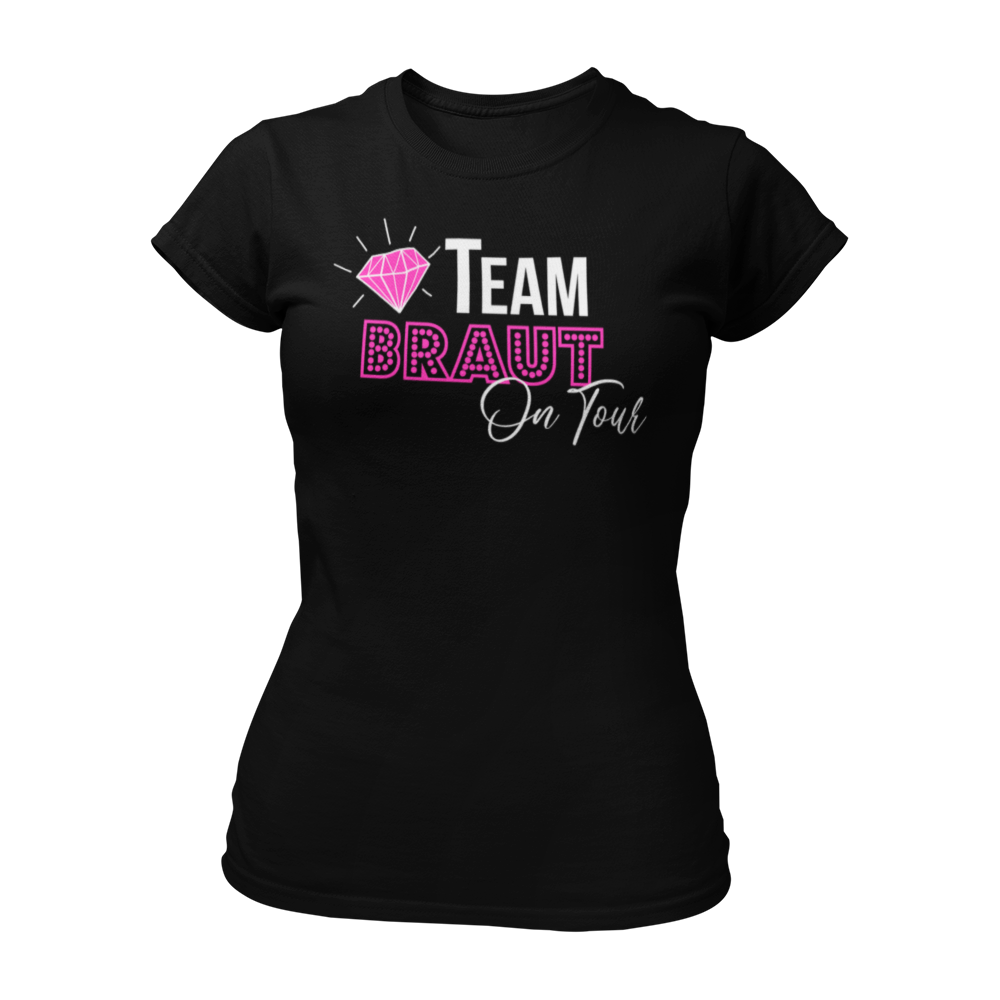 Damen T-Shirt "Team Braut on Tour" für den Junggesellinnenabschied. Das Shirt hat ein elegantes Design, das perfekt zur Hochzeit passt. Es gibt auch ein passendes Braut-Shirt für die gesamte Gruppe.