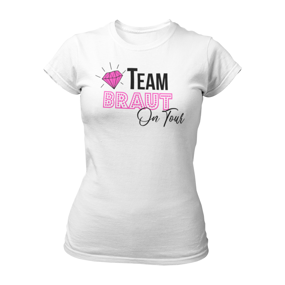 Damen T-Shirt "Team Braut on Tour" für den Junggesellinnenabschied. Das Shirt hat ein elegantes Design, das perfekt zur Hochzeit passt. Es gibt auch ein passendes Braut-Shirt für die gesamte Gruppe.