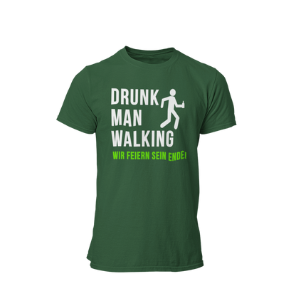 JGA T-Shirt 'Drunk Man Walking – Wir Feiern Sein Ende!' mit einem humorvollen Design, das den letzten feucht-fröhlichen Gang des Junggesellen symbolisiert. Das Shirt zeigt eine lustige Grafik eines torkelnden Mannes und ist in verschiedenen Farben erhältlich, sodass für jeden Geschmack etwas dabei ist. Ideal für die Freunde des Bräutigams, um gemeinsam das Ende seiner Freiheit gebührend zu feiern und eine unvergessliche Abschiedsparty zu erleben