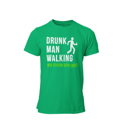 JGA T-Shirt 'Drunk Man Walking – Wir Feiern Sein Ende!' mit einem humorvollen Design, das den letzten feucht-fröhlichen Gang des Junggesellen symbolisiert. Das Shirt zeigt eine lustige Grafik eines torkelnden Mannes und ist in verschiedenen Farben erhältlich, sodass für jeden Geschmack etwas dabei ist. Ideal für die Freunde des Bräutigams, um gemeinsam das Ende seiner Freiheit gebührend zu feiern und eine unvergessliche Abschiedsparty zu erleben