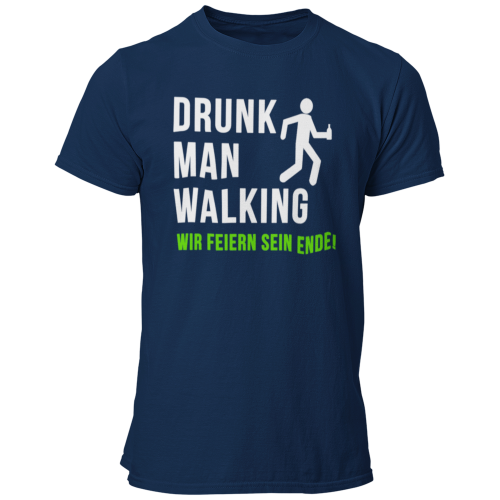 JGA T-Shirt 'Drunk Man Walking – Wir Feiern Sein Ende!' mit einem humorvollen Design, das den letzten feucht-fröhlichen Gang des Junggesellen symbolisiert. Das Shirt zeigt eine lustige Grafik eines torkelnden Mannes und ist in verschiedenen Farben erhältlich, sodass für jeden Geschmack etwas dabei ist. Ideal für die Freunde des Bräutigams, um gemeinsam das Ende seiner Freiheit gebührend zu feiern und eine unvergessliche Abschiedsparty zu erleben