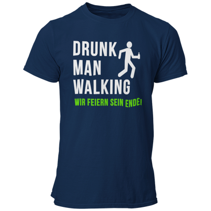 JGA T-Shirt 'Drunk Man Walking – Wir Feiern Sein Ende!' mit einem humorvollen Design, das den letzten feucht-fröhlichen Gang des Junggesellen symbolisiert. Das Shirt zeigt eine lustige Grafik eines torkelnden Mannes und ist in verschiedenen Farben erhältlich, sodass für jeden Geschmack etwas dabei ist. Ideal für die Freunde des Bräutigams, um gemeinsam das Ende seiner Freiheit gebührend zu feiern und eine unvergessliche Abschiedsparty zu erleben