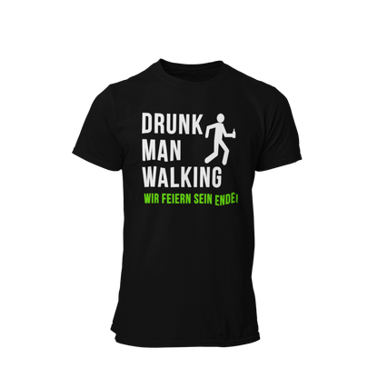 JGA T-Shirt 'Drunk Man Walking – Wir Feiern Sein Ende!' mit einem humorvollen Design, das den letzten feucht-fröhlichen Gang des Junggesellen symbolisiert. Das Shirt zeigt eine lustige Grafik eines torkelnden Mannes und ist in verschiedenen Farben erhältlich, sodass für jeden Geschmack etwas dabei ist. Ideal für die Freunde des Bräutigams, um gemeinsam das Ende seiner Freiheit gebührend zu feiern und eine unvergessliche Abschiedsparty zu erleben